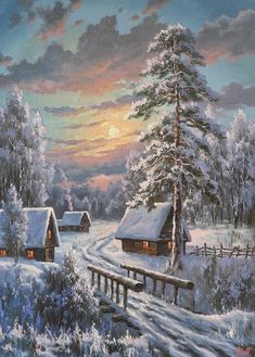 a painting of snow covered trees and houses in the distance with a sunset behind them