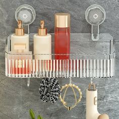 a bathroom shelf filled with lots of different items