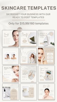 This is the new Beauty Skincare Templates, made and fully editable with Canva. In this interface you can work with the design in a simple way, editing all the elements you want and adjusting it to your needs. Ideal to promote and boost your Social Media. Skincare Business, Instagram Skincare, Photoshop Design Ideas, Aesthetic Clinic, Skincare Aesthetic