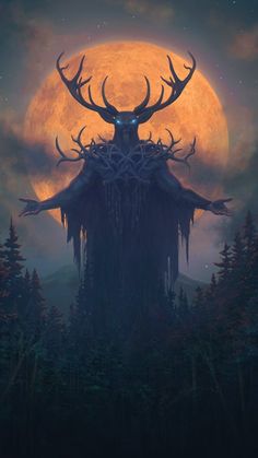 an artistic painting of a deer with horns on it's head standing in front of a full moon