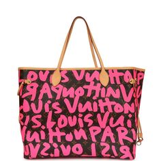 This Limited Edition Louis Vuitton X Stephen Sprouse Neverfull GM tote bag features graffiti-like Louis Vuitton logo in Hot Pink written over the classic monogram canvas leather, Vachetta trim throughout, gold hardware, clasp and hook closure, two adjustable tote side straps (to adjust the tote's size), two flat leather top handles, has a floating inside zipper pocket.The interior is lined in hot pink canvas with light purple graffiti like Louis Vuitton Paris Logo with a floating inside pocket.O Purple Graffiti, Limited Edition Louis Vuitton, Stephen Sprouse, Louis Vuitton Logo, Louis Vuitton Paris, Neverfull Gm, Louis Vuitton Limited Edition, Louis Vuitton Pink, Pre Owned Louis Vuitton