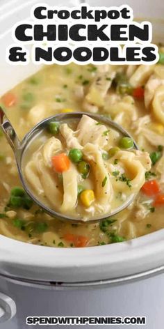 a ladle full of chicken noodle soup in a crock pot with text overlay