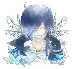 an anime character with blue hair and butterflies on her head, wearing a white shirt