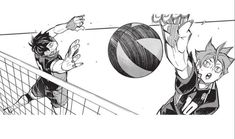 two people are playing volleyball on the beach, one is hitting the ball with his hand