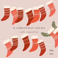 five christmas socks hanging on a line with pine branches and evergreen leaves in the middle