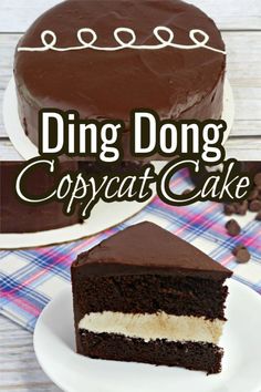 a piece of chocolate cake on a plate with the words ding dong copyat cake