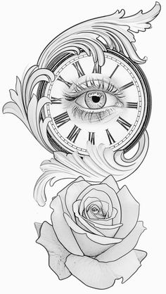 a drawing of a clock with a rose in the foreground and an eye on it