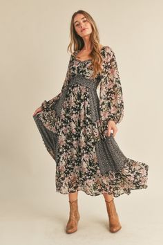 Dress With Long Boots, Dresses In Winter, Dark Dresses, Fashion Inspiration Outfits, Modern Millie, Dress And Boots, Fall Floral Dress, Dark Dress, Dresses Casual Winter