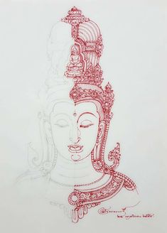 a drawing of a buddha head in red ink