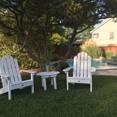 White Adirondack Conversation Set Chairs And Side Table, White Outdoor Furniture, Outdoor Products, Adirondack Chairs, Furniture Set, Adirondack Chair, Furniture Sets, Outdoor Chairs, Most Beautiful