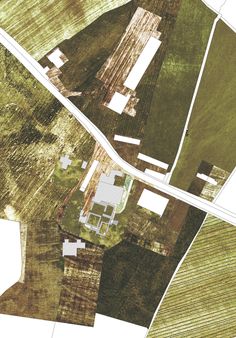 an aerial view of a farm land with trees and grass in the foregrounds