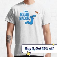 a man wearing a white t - shirt with the blue racer on it's chest