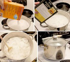 four pictures showing how to make ice cream in a pot with a wooden spatula