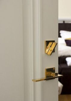 an open door with some gold handles on the front and back doors, in a hotel room