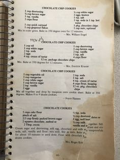 the recipe for chocolate chip cookies is shown in an old book with some writing on it