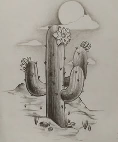 a pencil drawing of a cactus with flowers on it's back and the moon in the background