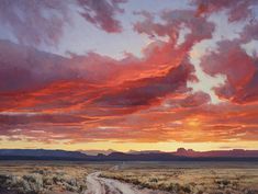 an oil painting of a dirt road in the desert with mountains and clouds at sunset