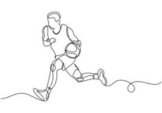 one continuous line drawing of a basketball player running with the ball in his hand, on a white background