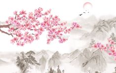 Cherry Blossom with Mountain Landscape Wallpaper Mural - Wallpaper • Wallmur® Living Room Theme, Coastal Wallpaper, Chinese Wallpaper, Cafe Bedroom, Romantic Wallpaper, Room Theme, Theme Nature, Wall Murals Painted, Chinoiserie Wallpaper