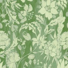 a green and white floral wallpaper with lots of flowers on it's sides