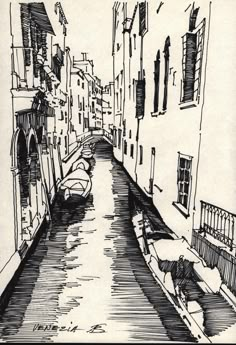 an ink drawing of a narrow street with boats in the water and buildings on either side