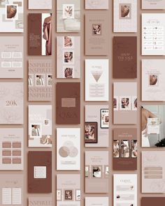 a large collection of brochures with different designs on them, all in shades of brown