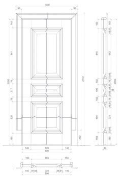 an architectural drawing of the front door and side panel, with measurements for each section