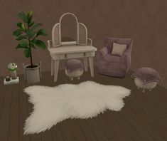 a living room filled with furniture and a white rug on top of a hard wood floor