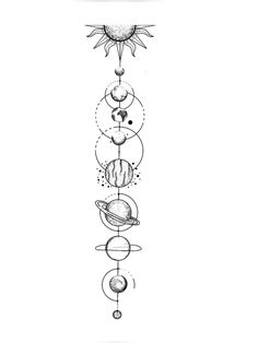 a drawing of the solar system with eight planets and sun in black ink on white paper