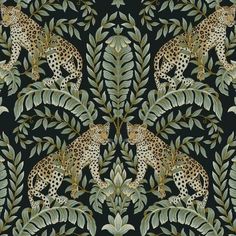 a wallpaper pattern with leopards and leaves on black, green and gold colors