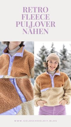 an image of a woman wearing a jacket with the words retro fleece pullover nahen