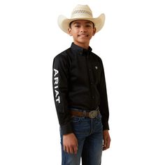 ImportedTeam Logo Twill Classic Fit Shirt | Team Logo Twill Classic Fit Shirt in Black/White, Size: Small by Ariat Ariat Shirt, Slip On Work Boots, Rocky Boots, Mens Dress Boots, Womens Work Boots, Button Down Polo, Western Boots Women, Work Boots Men, Tractor Supply