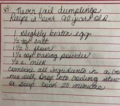 Homemade Dumplings Recipe, Drop Dumplings, Dumplings For Soup, Handwritten Recipes