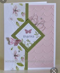 a close up of a thank card with flowers and butterflies on the front, along with words that say thanks