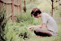 a young man kneeling down in the grass next to some plants and looking at something