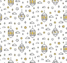 a white background with yellow stars and clouds