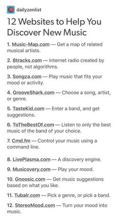 an ad with the words, 12 web sites to help you discovery new music