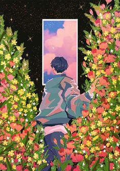 a person standing in front of flowers looking at the sky with an open door to another room