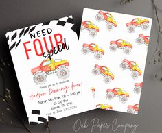 two birthday cards with monster trucks on them and the words, need four wheels?