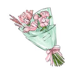 a bouquet of flowers is wrapped in a green paper and tied with a pink ribbon