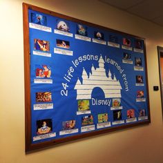 a blue bulletin board with pictures and words on it that read, disney lessons for all ages