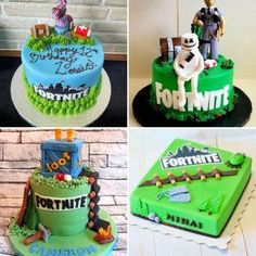 four different cakes decorated to look like the fortnite characters from toy story books