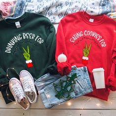 "This \"Drinking Beer for Two\" Christmas Pregnancy Announcement Crewneck sweatshirt is the perfect matching maternity sweatshirt with the \"Eating Cookies for Two\" Maternity Sweatshirt linked below! Great for celebrating your pregnancy with your friends and family!  Use the following link to order \"Eating Cookies for Two\" Crewneck: https://www.etsy.com/listing/1331659079/christmas-maternity-crewneck-christmas/ **DETAILS** Ideal for any situation, a unisex heavy blend crewneck sweatshirt is pure comfort. These garments are made from polyester and cotton. This combination helps designs come out looking fresh and beautiful. The collar is ribbed knit, so it retains its shape even after washing. There are no itchy side seams on these sweaters. - 50% cotton - 50% polyester - Medium-heavy fab Bumpin Around The Christmas Tree, Pregnancy Announcement To Husband For Christmas, Pregnancy Announcement To Parents Christmas, Baby Announcement Christmas Gift, Pregnancy Christmas Sweater, Grinch Pregnancy Announcement, Pregnancy Announcement Christmas Gift, Christmas Pregnancy Announcement Family, Pregnant Christmas Outfit