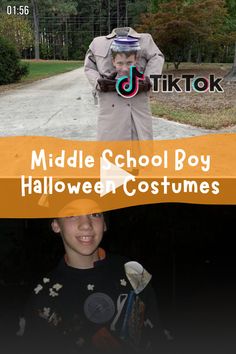 a young boy standing next to an older man wearing a hat and trench coat with the words middle school boy halloween costumes on it