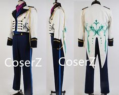 two different views of the same uniform worn by cosplay costumers, one in blue and white