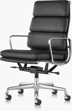 an office chair with black leather upholstered