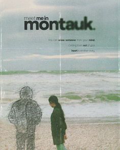 a man and woman standing on top of a sandy beach next to the ocean in front of an advertisement for montauk