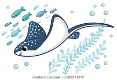 an illustration of a stingfish swimming in the ocean with fish around it's neck