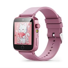 a pink smart watch with an image of a cat on it's display screen