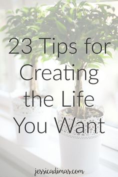 a potted plant sitting on top of a window sill with the words, 23 tips for creating the life you want